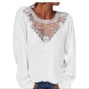 Chunky Knit Oversized Sweater with Lace & Crochet Neckline White Women’s Medium